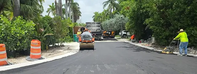 Belle Meade Island Roundabout: Paving crew on the approach