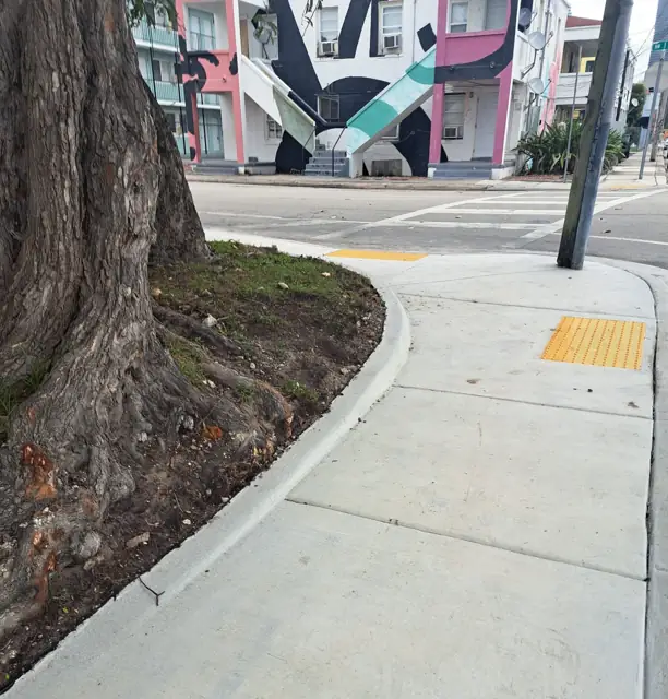 City of Miami Sidewalk Improvements: After: tree-well curb and ADA ramp with detectable warning