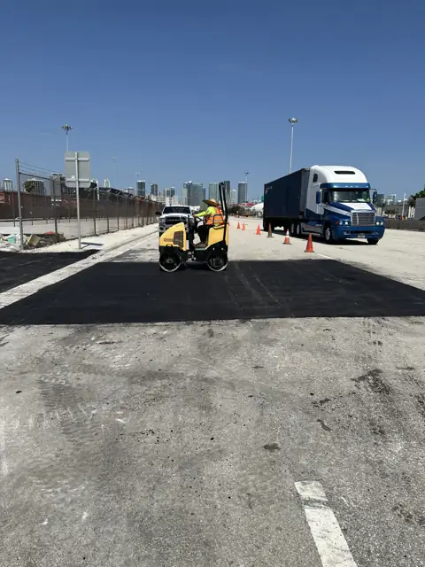 Asphalt Patching, PortMiami: Final roller pass on the finished patch